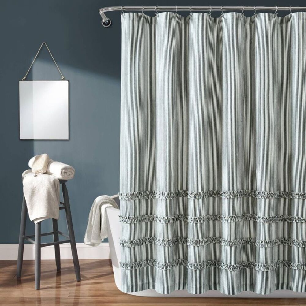 Vintage Stripe Yarn Dyed Cotton Shower Curtain Denim Blue/White - Lush Décor